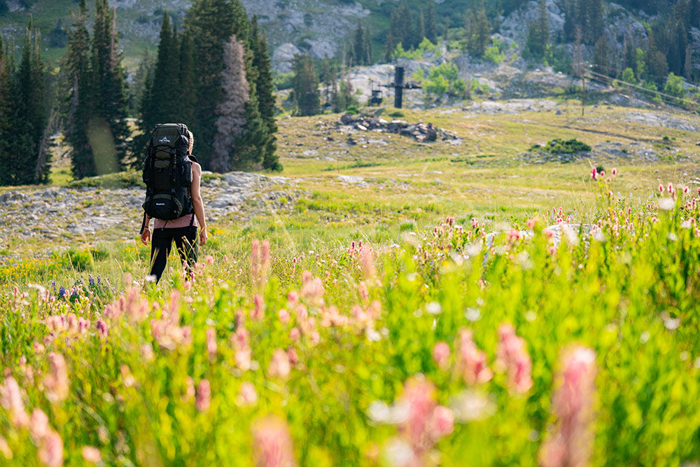 Female backpacker hiking solo in a field of flowers.