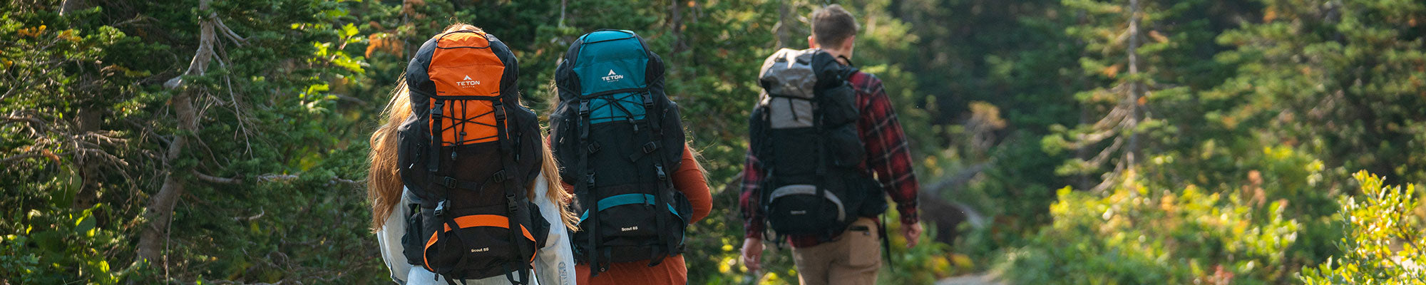 Three friends hiking through a forest with their Scout & Explorer packs.