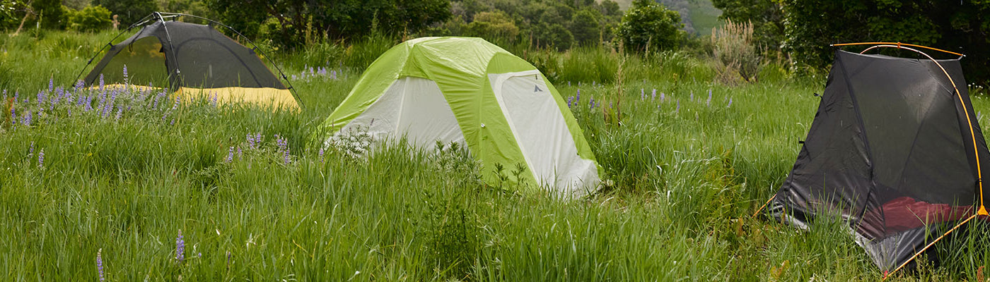 Three backpacking tents are located in a beautiful green meadow. There is a yellow Vista tent, green Altos tent, and a Mountain Ultra 1-Person tent.